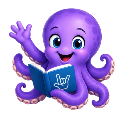 Otto, the SignSee mascot: a smiling purple octopus holding an open book, one tentacle raised in a sign language handshape.